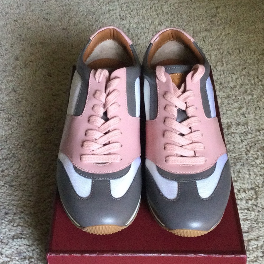 Bally Aleana pink, grey, & white lace up sneakers.